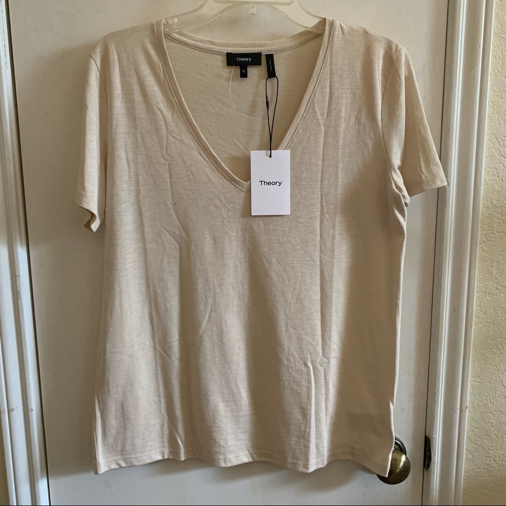 NWT Theory, light brown shott sleeves V neck top, size M